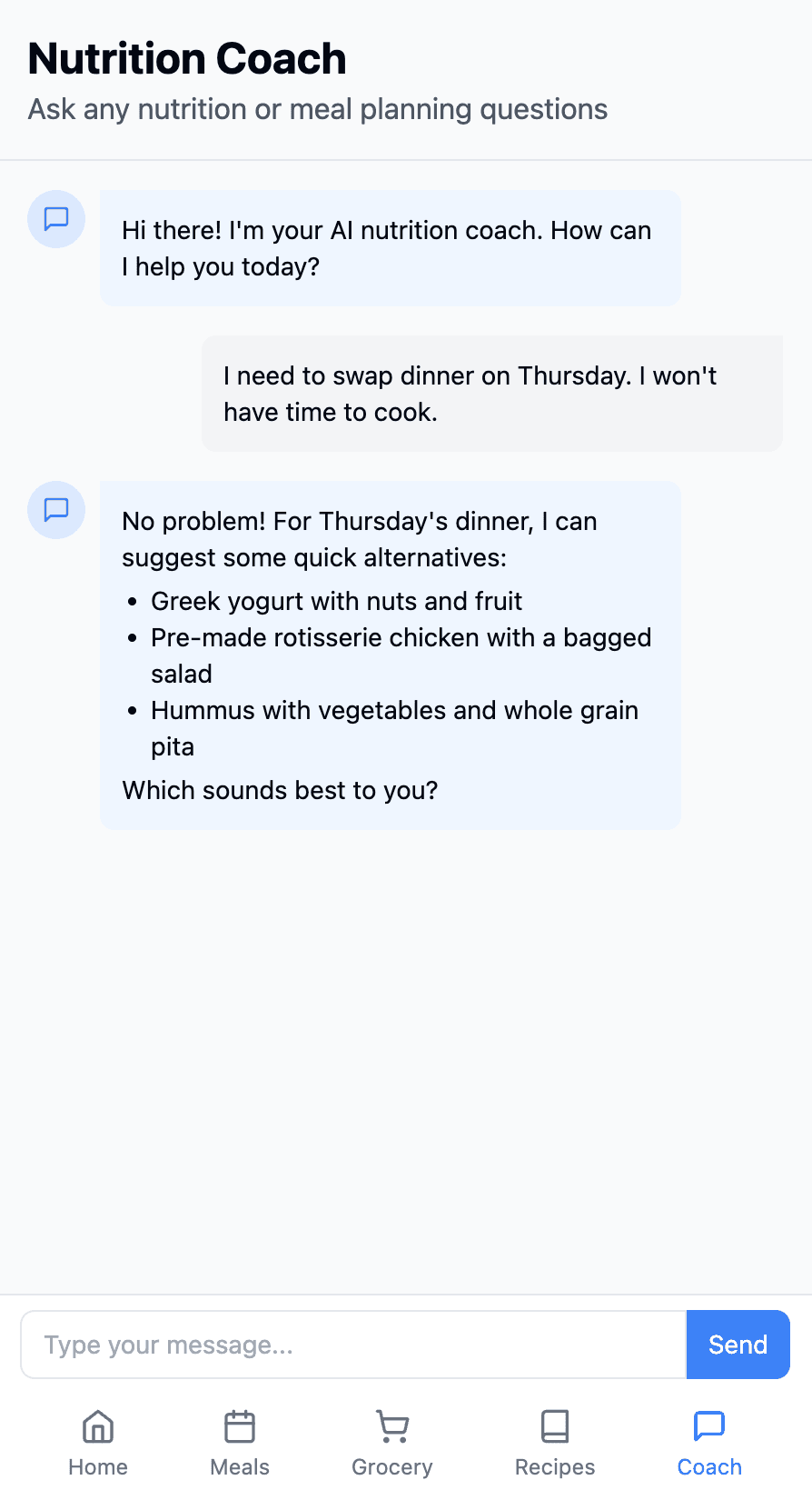 Chatting with PlateCoach's AI nutrition coach