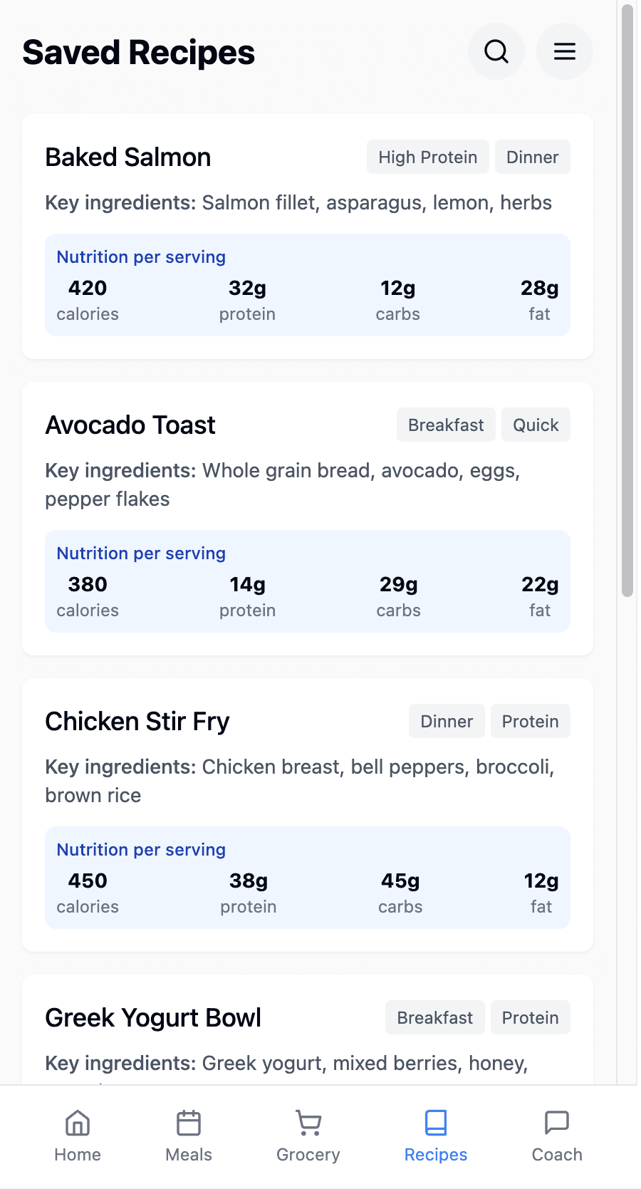 Saved recipes with nutrition information